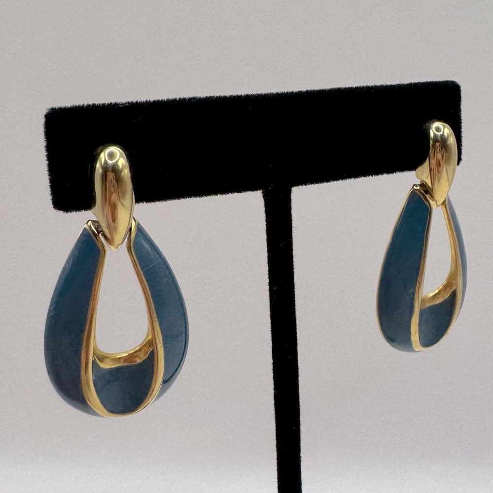 VINTAGE Gold-Tone Teal Blue Enamel Door Knocker Earrings